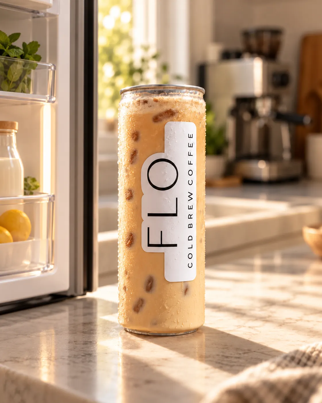 A FLO cold brew can on a sunny kitchen counter, the espresso machine left behind it